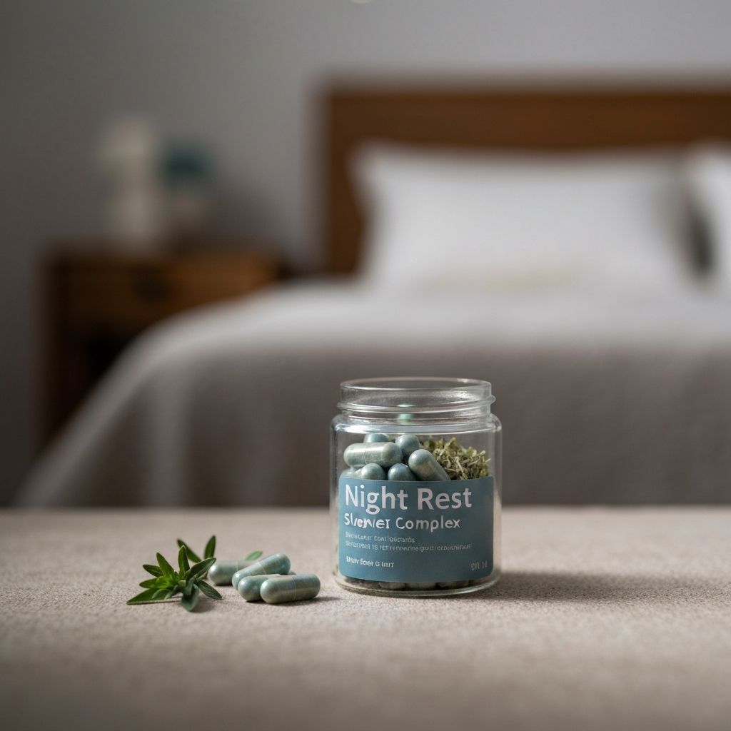 Night rest capsule complex displayed with calming sleep-supporting ingredients