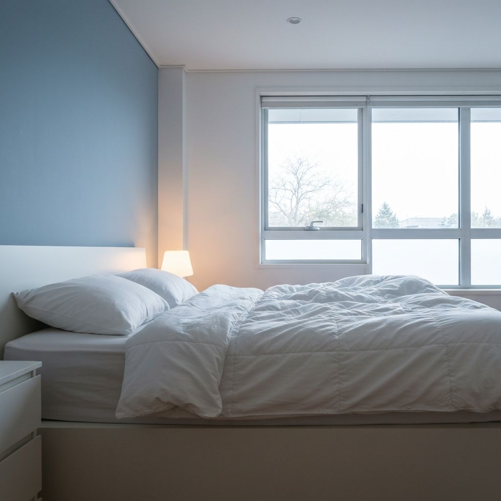 Peaceful sleeping space with soft bedding and natural light filtering gently
